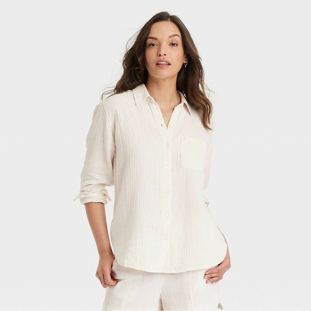 NWOT Universal Thread Long Sleeve Gauzy Collared Button-Down Shirt Cream XS